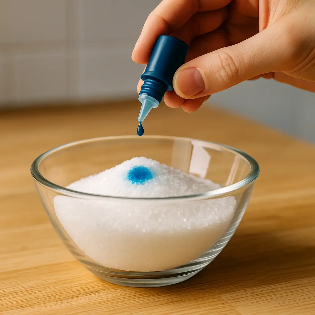 what's the ingredients for the blue salt trick​ Adding blue food coloring to salt in a bowl.