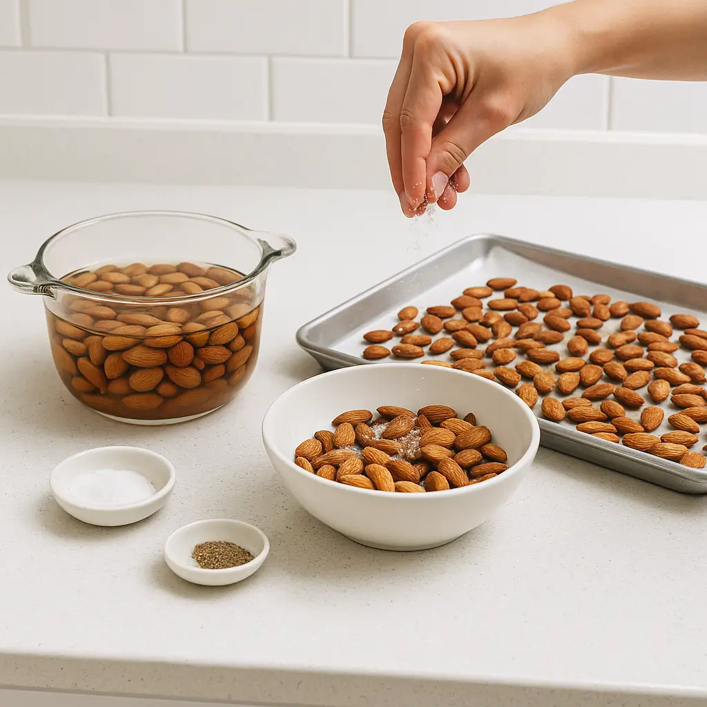 Almonds soaking in vinegar and prepared on a baking sheet for roasting.