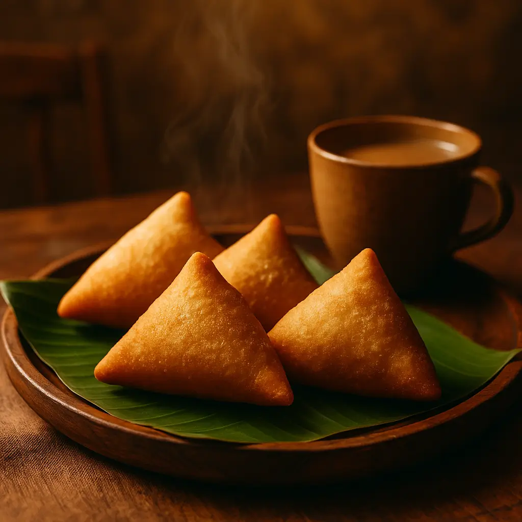 East African mandazi served on a banana-leaf-lined tray with chai tea.