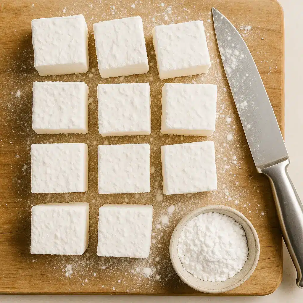 Cut marshmallow cubes made with beef gelatin on a cutting board.
