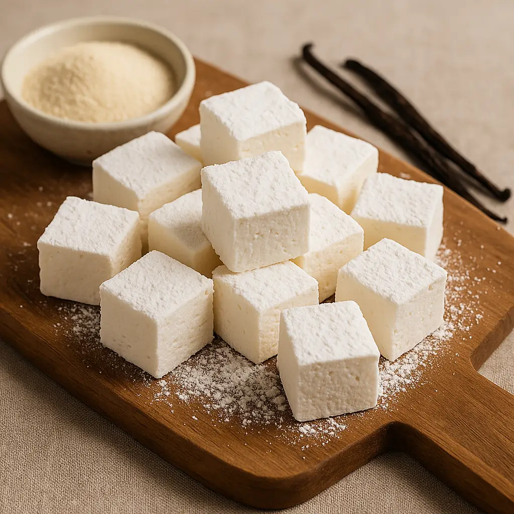 Homemade marshmallow recipe beef gelatin cut into cubes and dusted with powdered sugar on a wooden board.