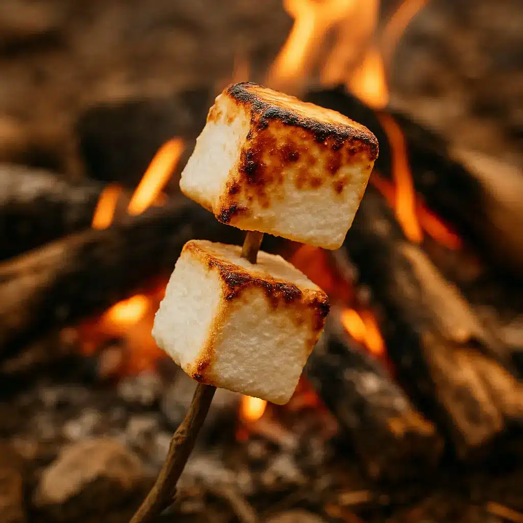 Homemade beef gelatin marshmallows roasting over a campfire.