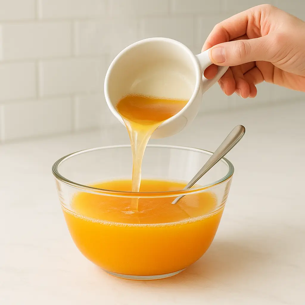 Mixing dissolved gelatin into orange juice to prepare the recipe.
