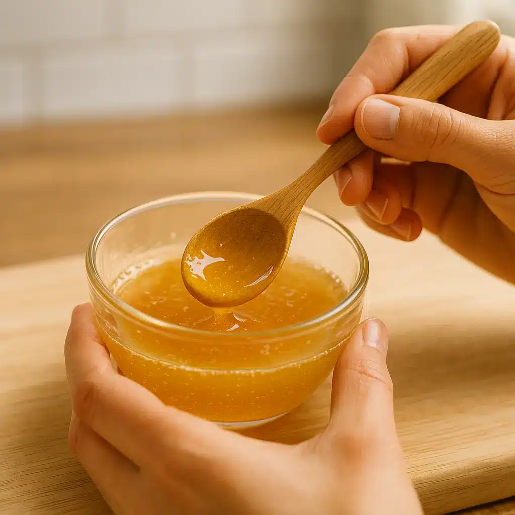 Person mixing the honey trick recipe easy in a small glass bowl.