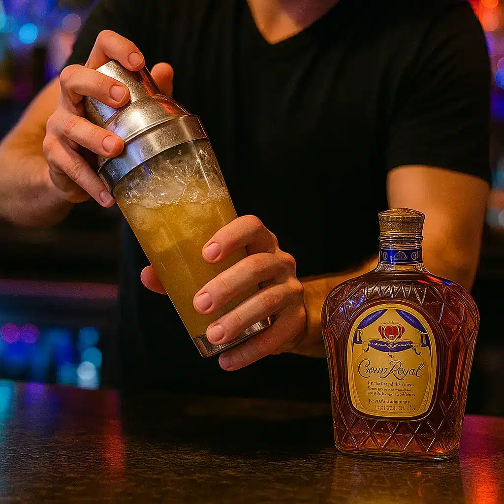 Mixing the Wu Tang Shot Recipe Crown Royal in a cocktail shaker