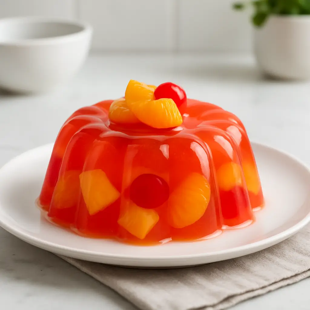 Modern gelatin salad served on a white plate with fruit toppings.