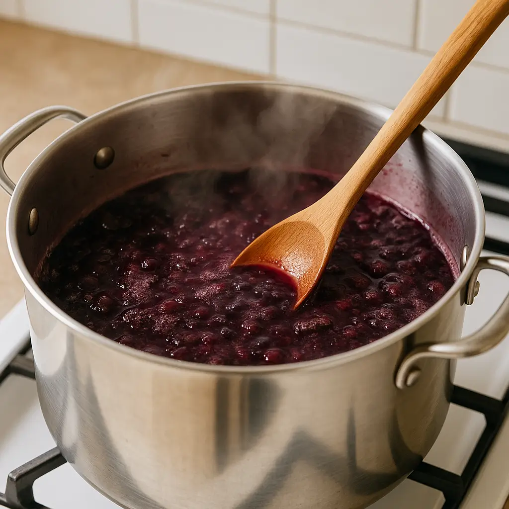 Crushed muscadines simmering in a pot during the jelly-making process.