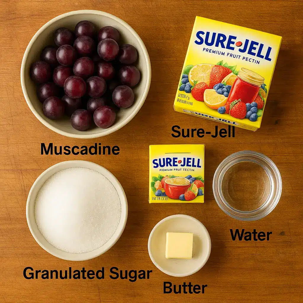 Ingredients for muscadine jelly recipe using sure jell including grapes, sugar, and Sure Jell arranged on a wooden table.
