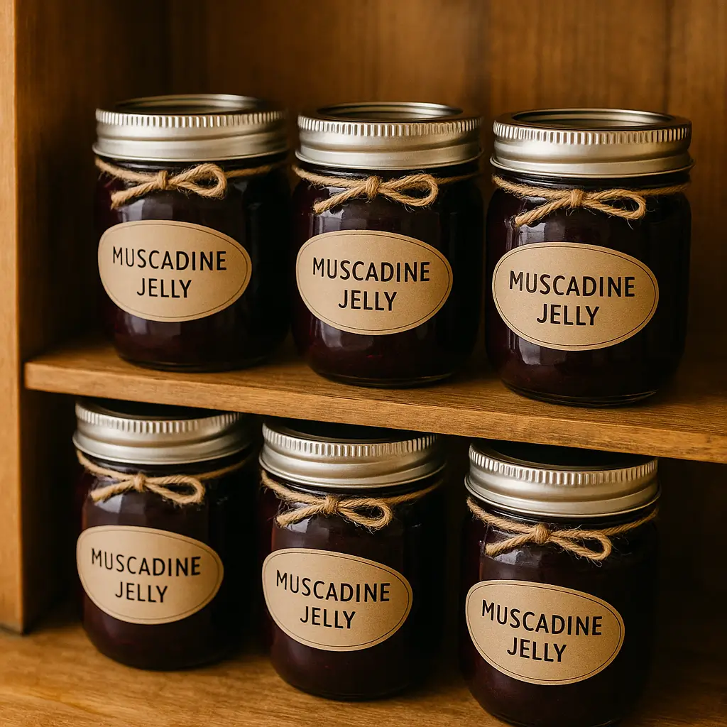 Sealed jars of homemade muscadine jelly made with Sure Jell on a wooden pantry shelf.