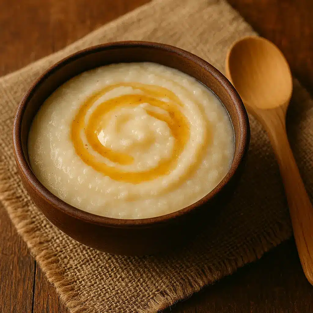Southern African pap maize porridge served with milk and honey.