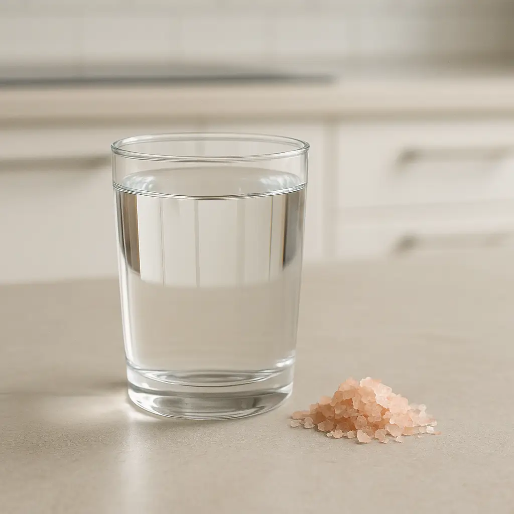 why is the pink salt trick not working Glass of water with a pinch of Himalayan pink salt on a clean kitchen surface.