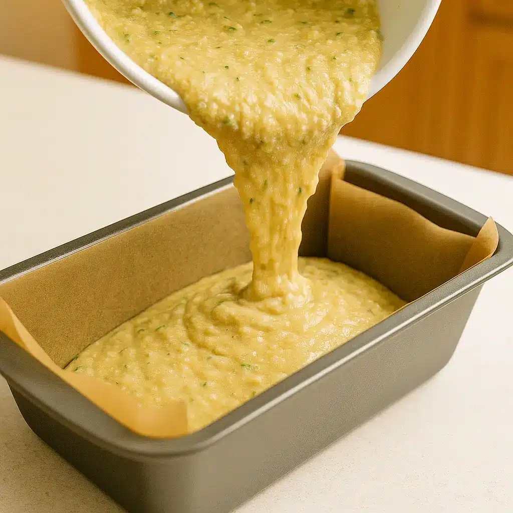 Pouring almond flour lemon zucchini bread batter into a loaf pan lined with parchment paper.
