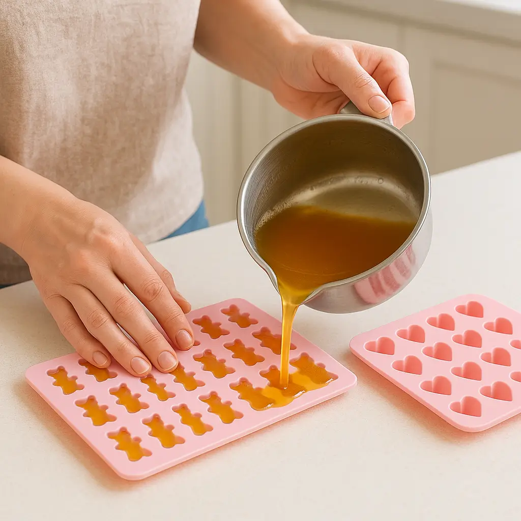 Pouring warm apple juice and gelatin mixture into silicone gummy molds.