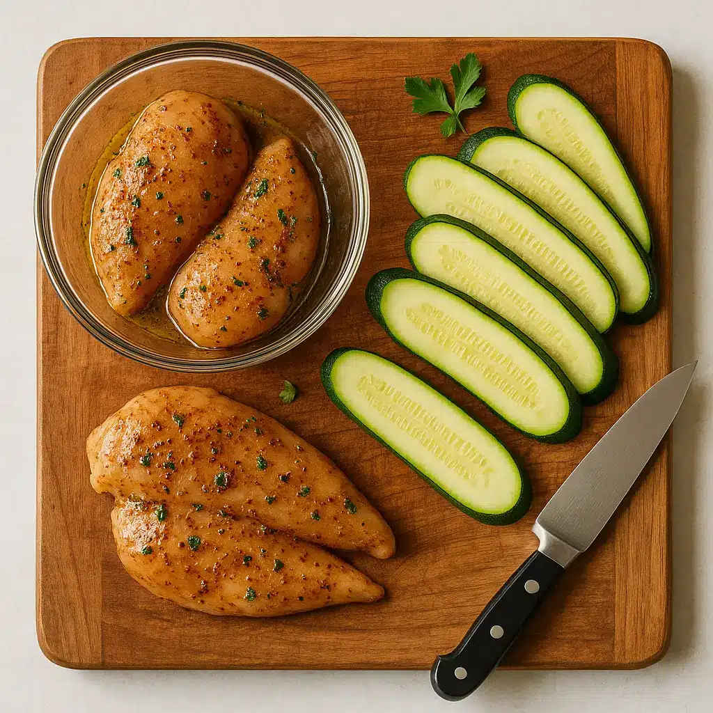 marinating chicken and slicing zucchini