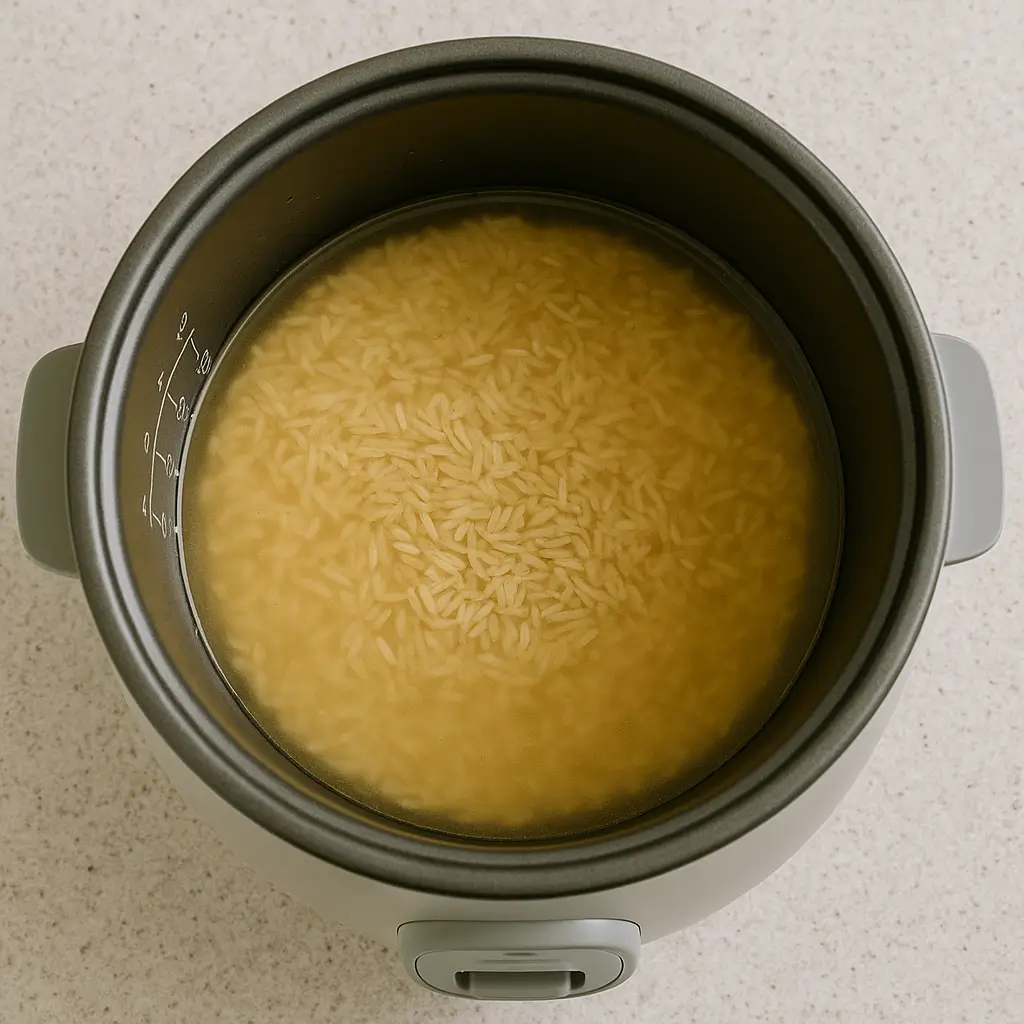 Rice cooker pot with water and basmati brown rice ready to cook.