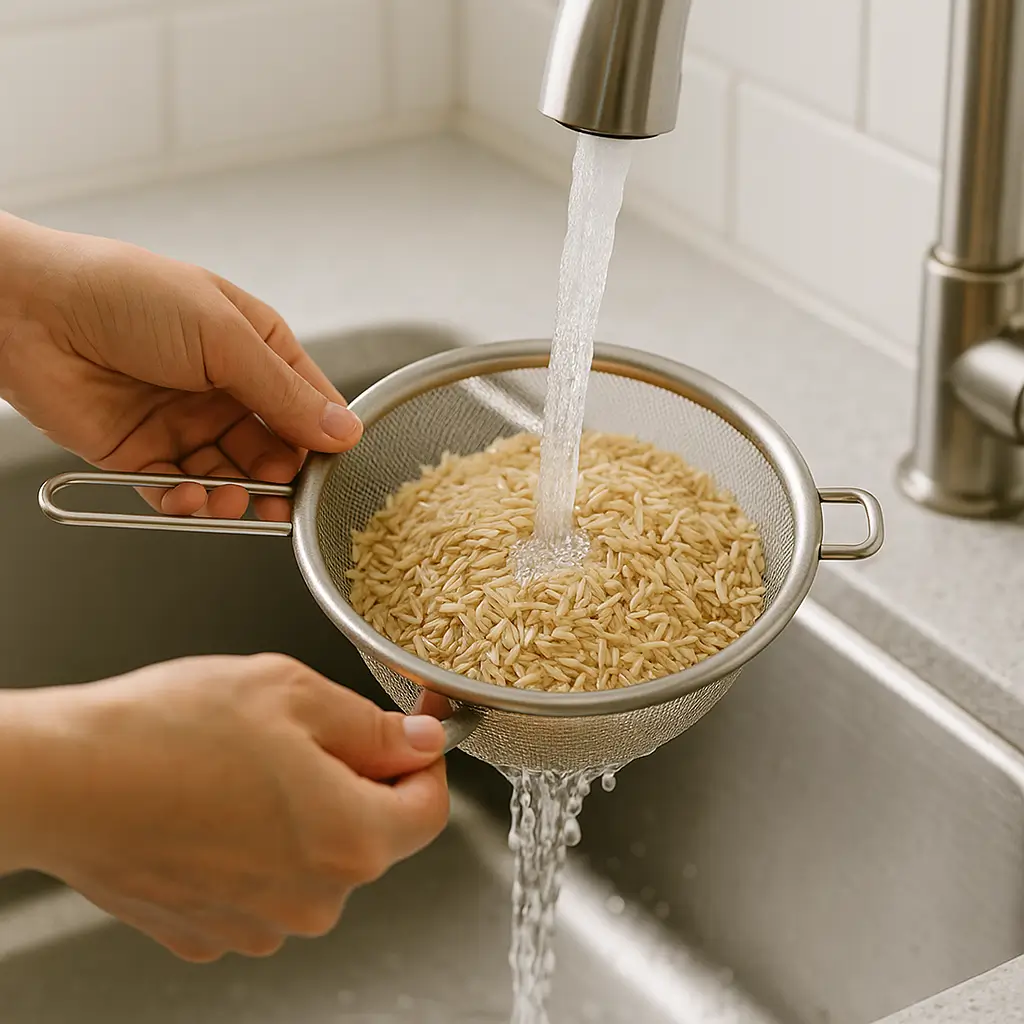 Hands rinsing basmati brown rice under cold water in a fine-mesh strainer. how to cook basmati brown rice in rice cooker