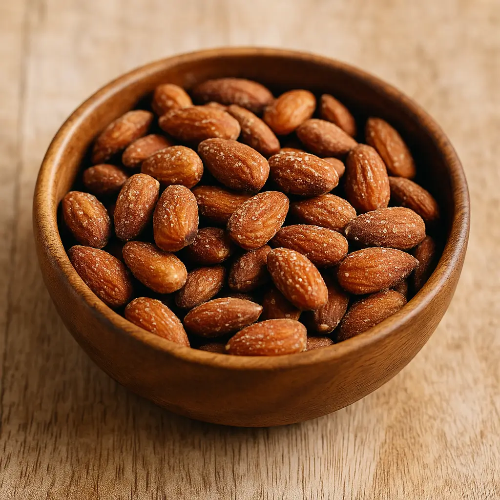 Salt and vinegar almonds in a rustic bowl on a wooden table.