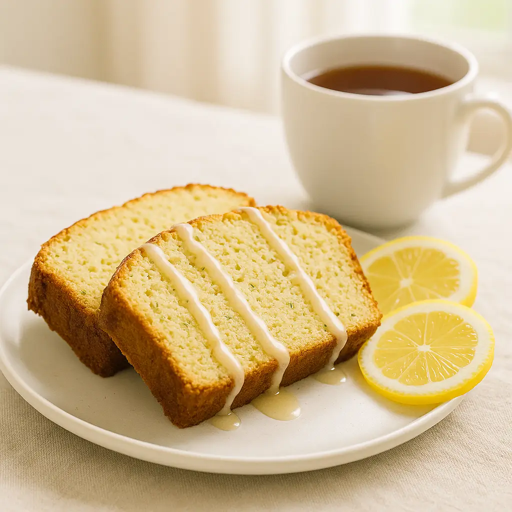 Sliced almond flour lemon zucchini bread with lemon glaze served with tea.