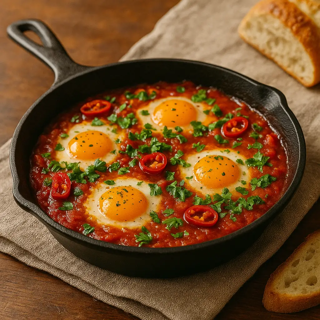 North African shakshuka with eggs poached in tomato sauce and fresh herbs.