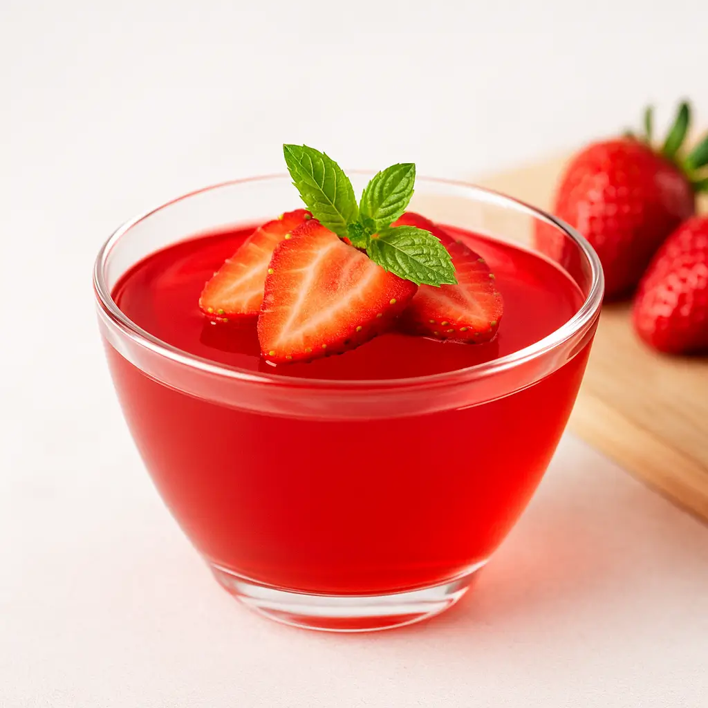 strawberry gelatin weight loss recipe served in a glass bowl with fresh strawberries