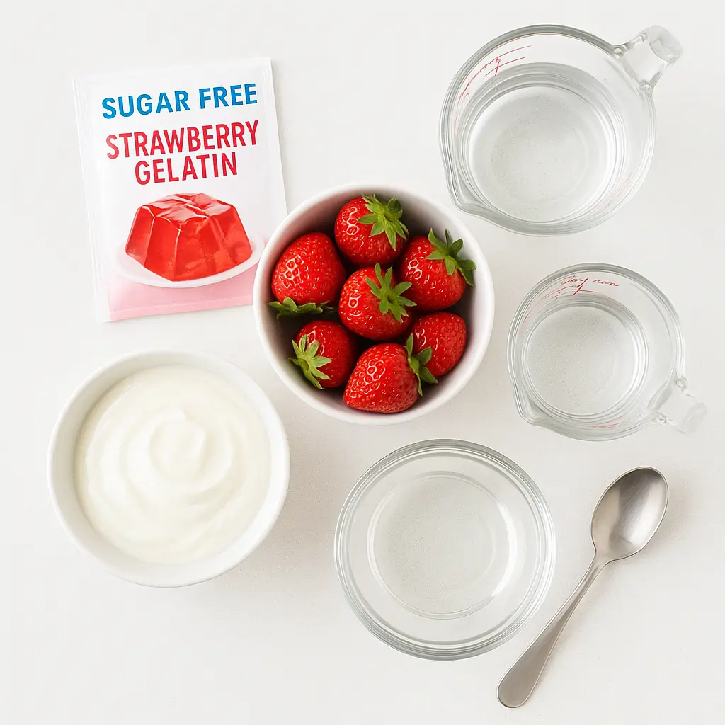 ingredients for the strawberry gelatin weight loss recipe displayed on a white surface