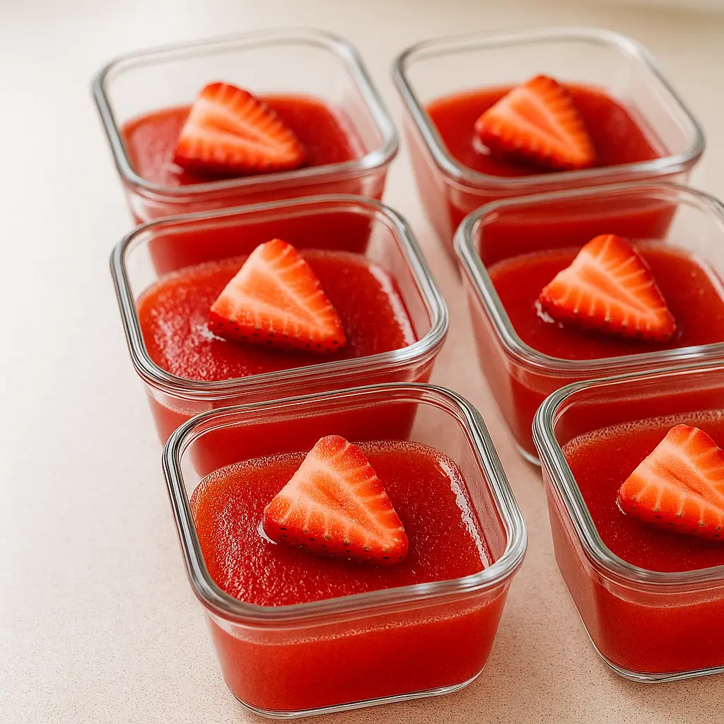 meal prep cups filled with the strawberry gelatin weight loss recipe