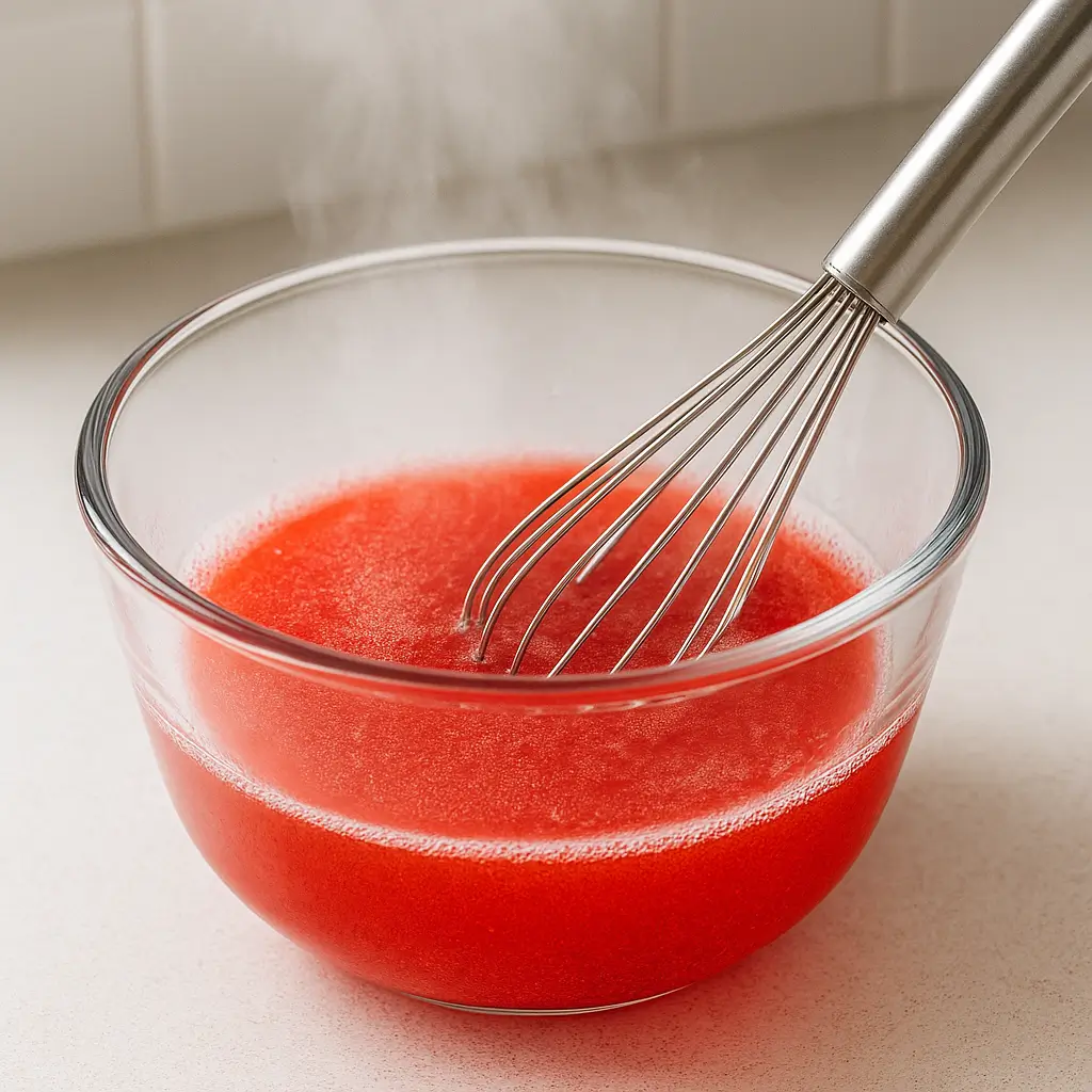 mixing gelatin powder into hot water to prepare the strawberry gelatin weight loss recipe