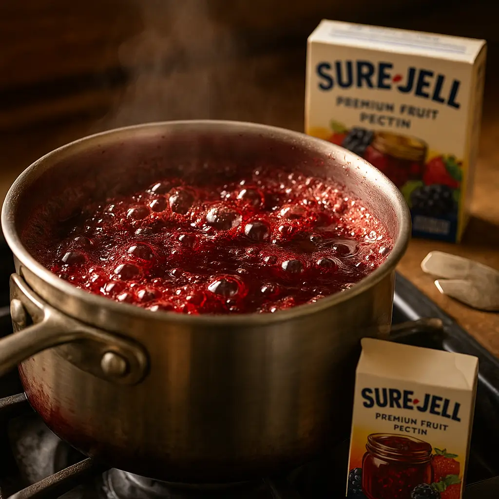 Boiling chokecherry jelly with Sure-Jell pectin during the cooking stage.