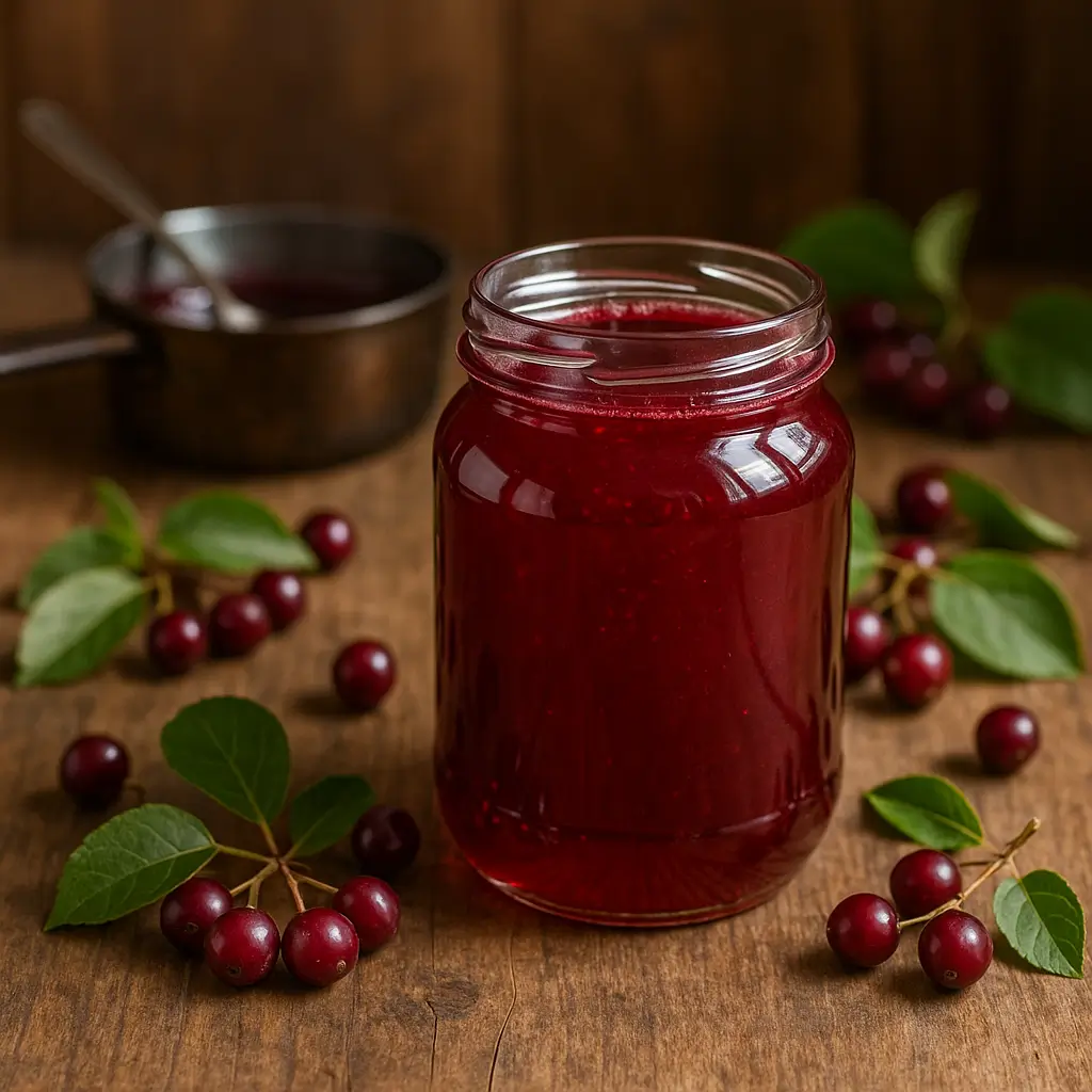 Homemade sure jell chokecherry jelly recipe in a glass jar with fresh chokecherries on a rustic table.
