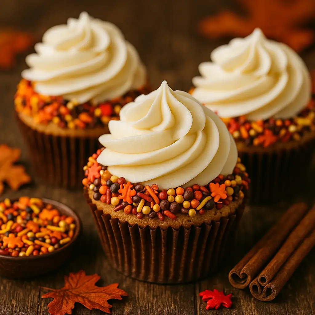 Thanksgiving cupcakes topped with buttercream and autumn sprinkles.