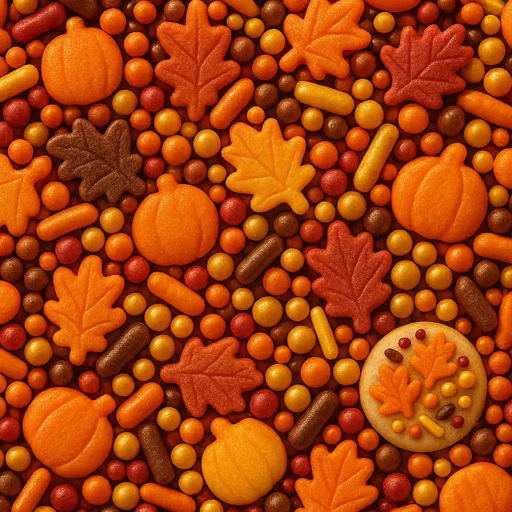 Pumpkin and leaf-shaped Thanksgiving sprinkles in warm autumn colors.