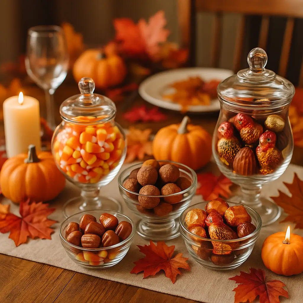 Festive Thanksgiving candy assortment on a decorated holiday table.