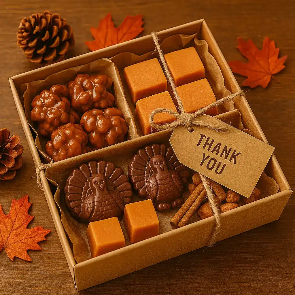 Thanksgiving candy gift box wrapped with twine and seasonal accents.