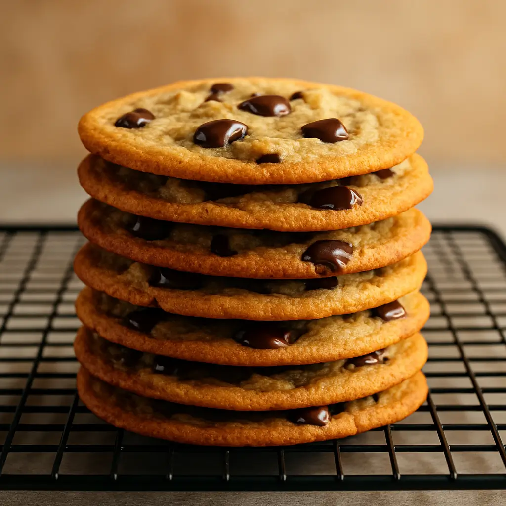Stack of thin and chewy chocolate chip cookies on a cooling rack.