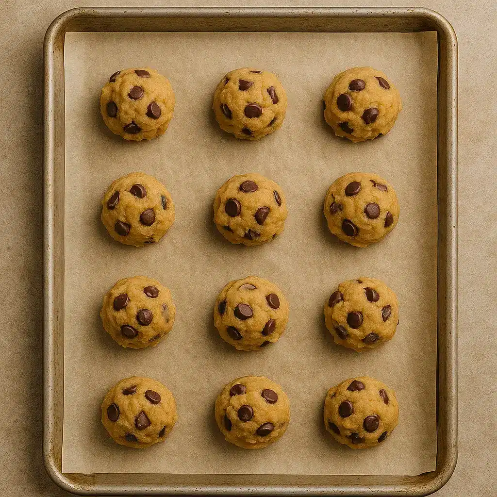 Cookie dough balls for thin and chewy chocolate chip cookies on a parchment-lined tray.