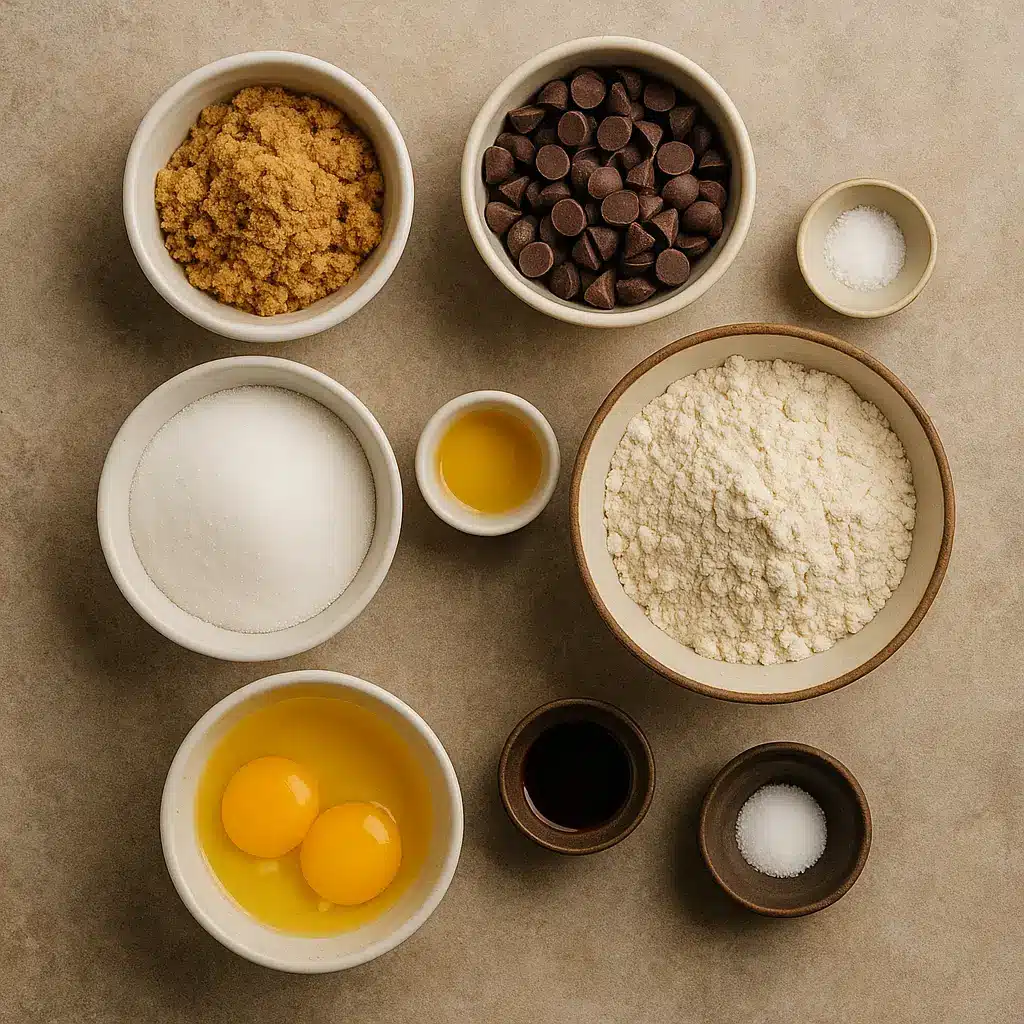 Baking ingredients for thin and chewy chocolate chip cookies arranged on a kitchen counter.