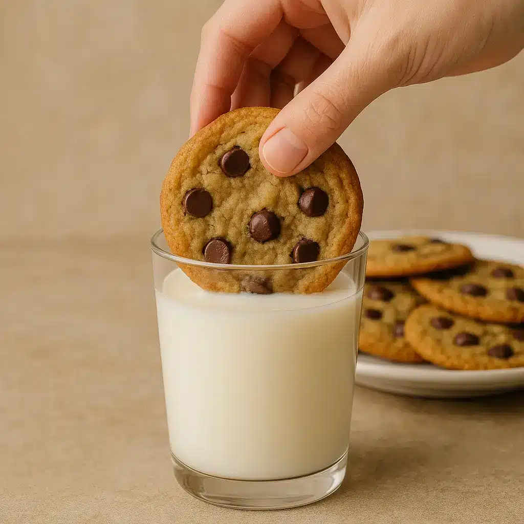 Dipping a thin and chewy chocolate chip cookie into a glass of milk.