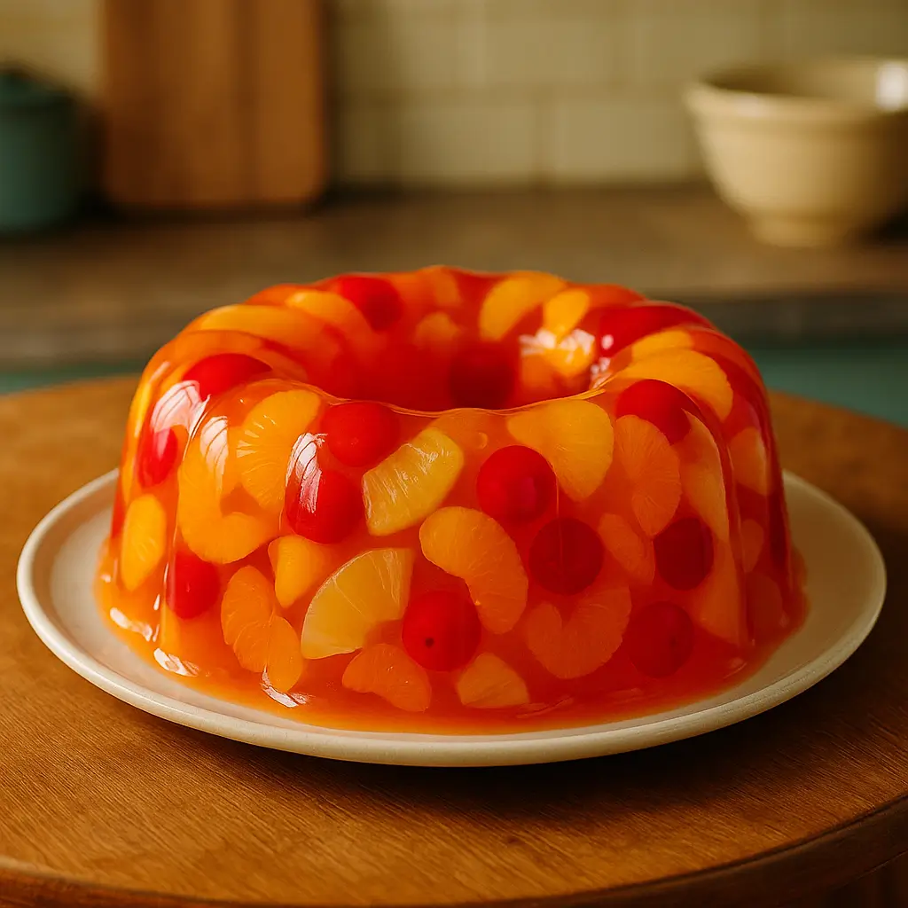 Vintage what is the meaning of gelatin salad ring with fruits on a table, photographed in a nostalgic 1950s American style.