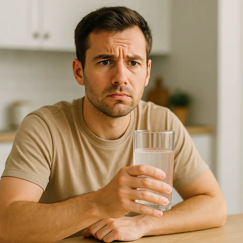 Person looking confused while holding a glass of pink salt water.