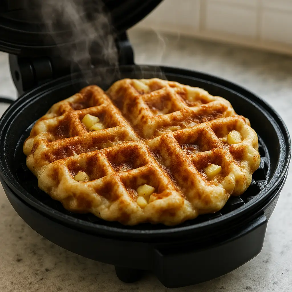 apple fritter waffle donuts cooking in waffle iron