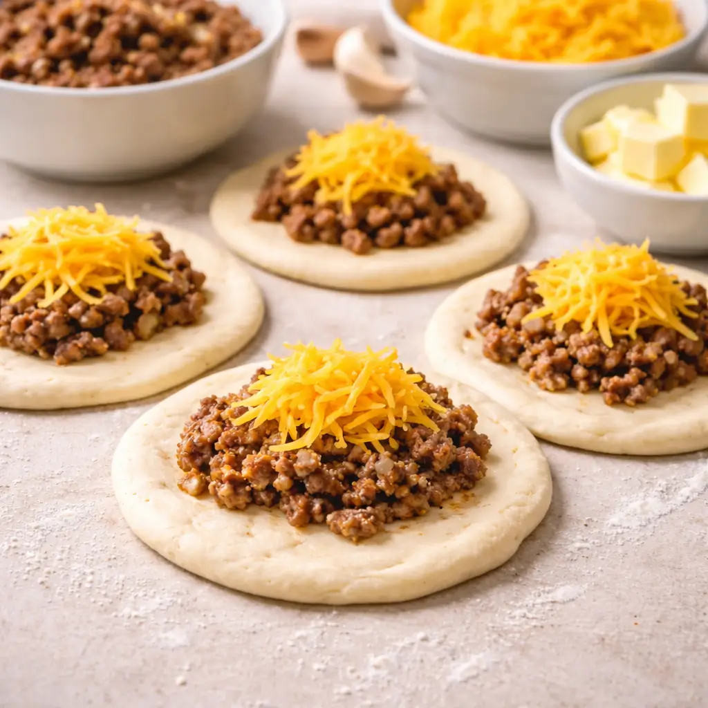 Assembling garlic parmesan cheeseburger bombs with beef and cheese