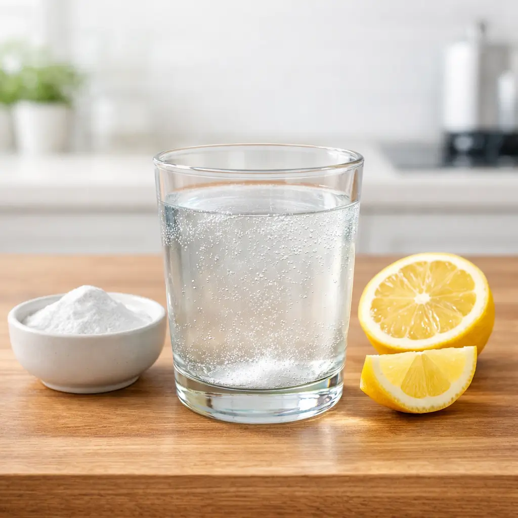 baking soda trick recipe prepared with water and lemon in a kitchen