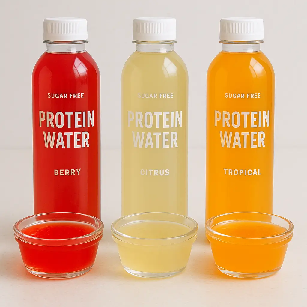 Different flavored protein waters and gelatin cups used for bariatric gelatin trick recipe variations.