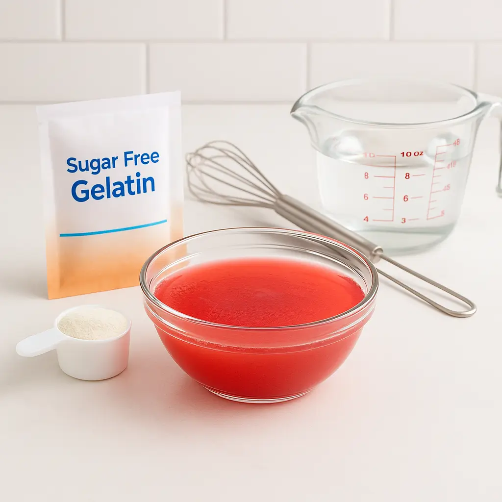 what is the bariatric gelatin recipe prepared in a glass bowl with ingredients displayed on a kitchen counter.