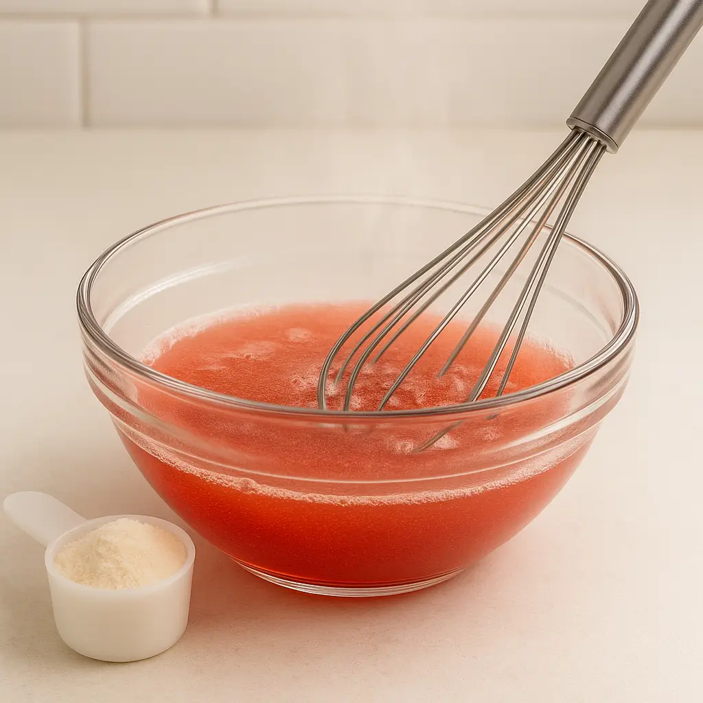 Mixing hot water with sugar-free gelatin while preparing the bariatric gelatin recipe.