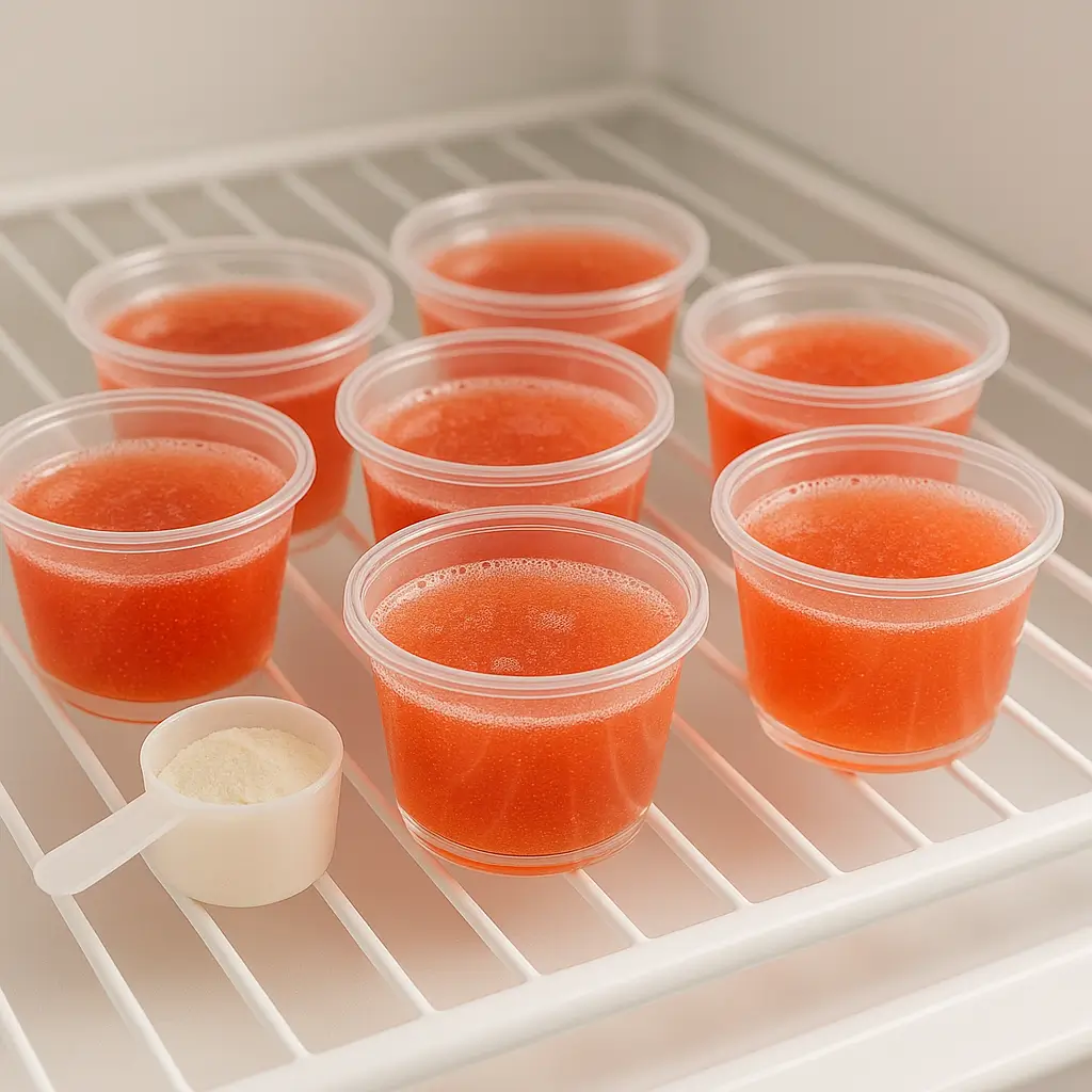 Portion cups of bariatric gelatin recipe setting before refrigeration.