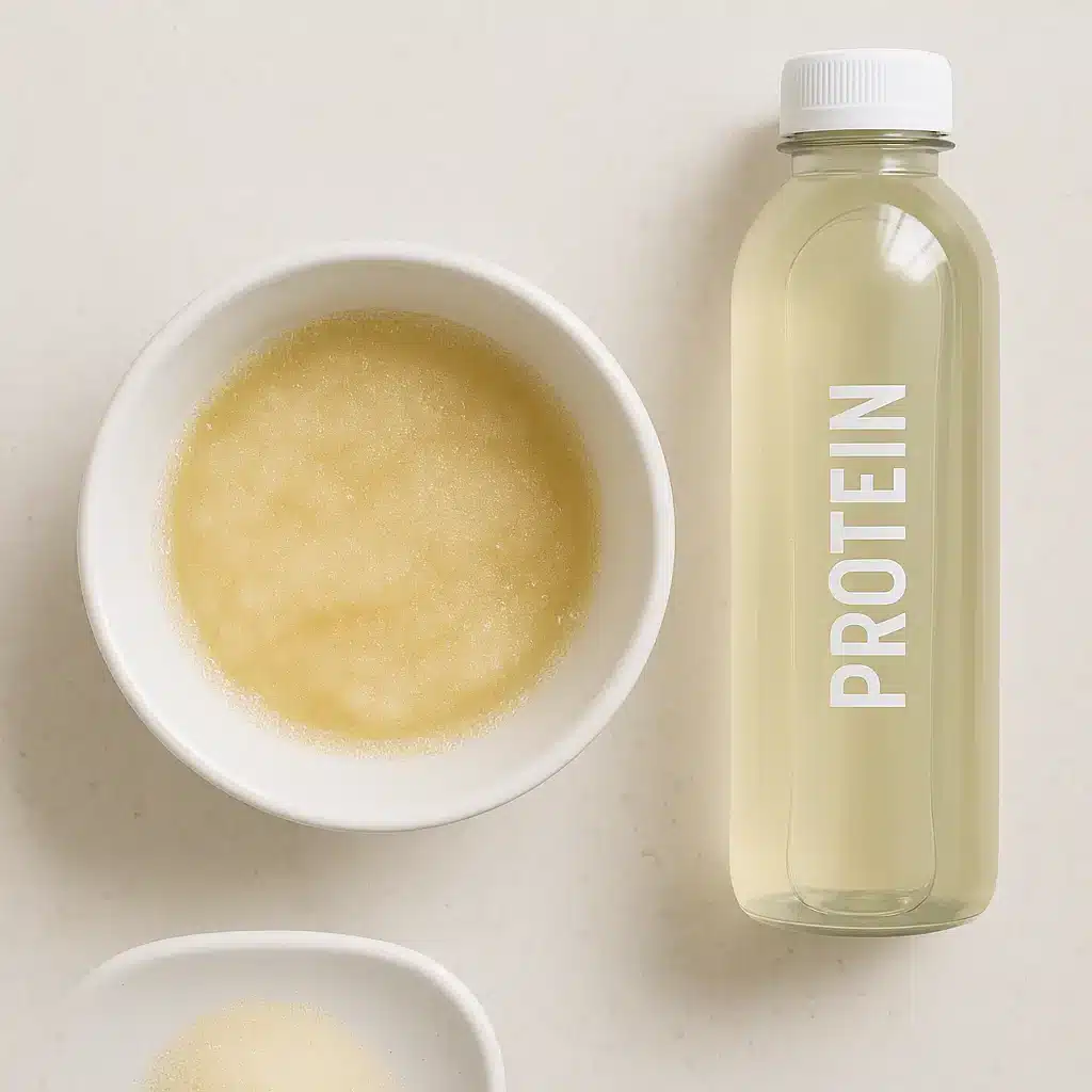 Blooming unflavored gelatin next to protein water for the bariatric gelatin trick recipe.