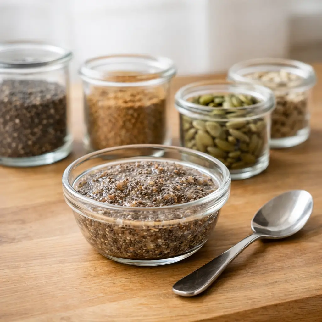 Bariatric seed recipe with chia and flax seeds prepared in a small bowl