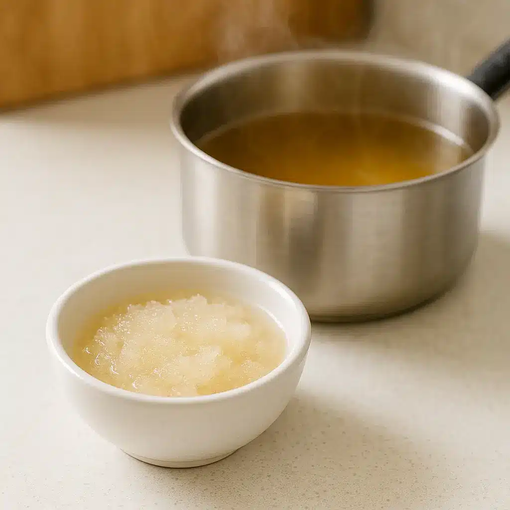 homemade gelatin for weight loss recipe Blooming unflavored gelatin in cold water beside a warm pot for the weight loss recipe.