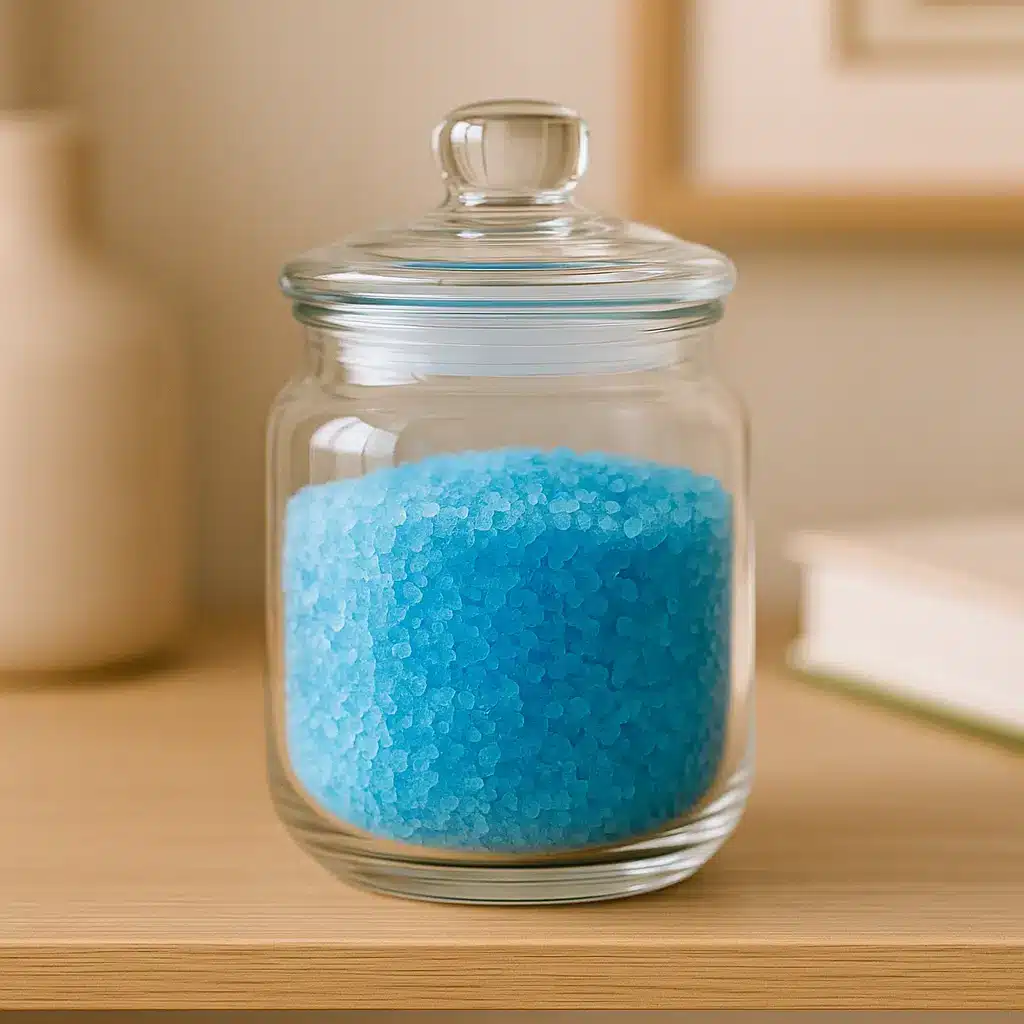 Decorative jar of blue salt displayed as part of a home setup.